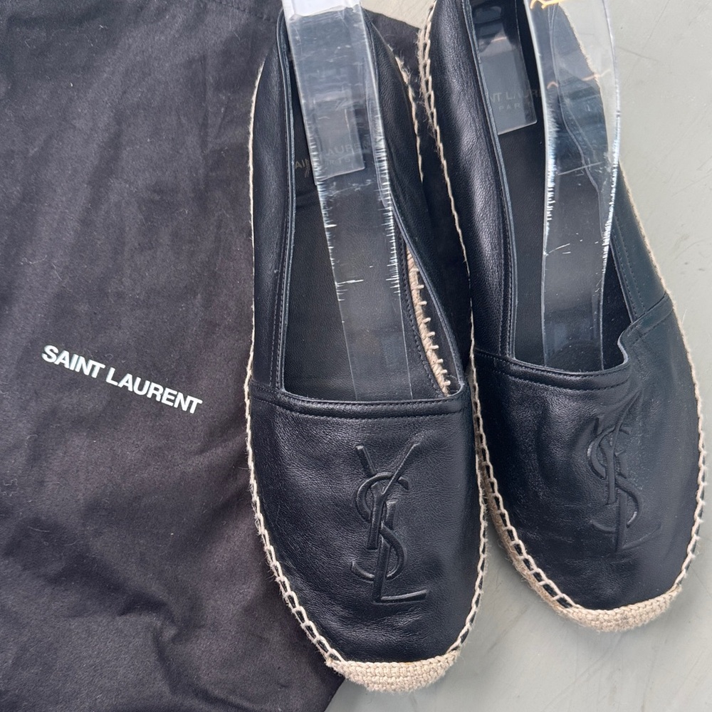 YSL Saint Laurent Monogram Black Leather Espadrille Women's 37